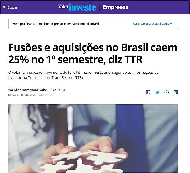 Fuses e aquisies no Brasil caem 25% no 1 semestre, diz TTR